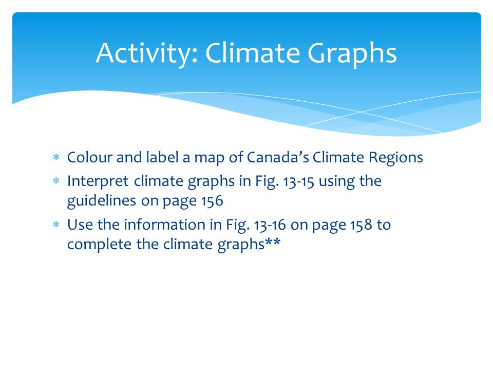  Colour and label a map of Canada’s Climate Regions  Interpret climate graphs in Fig.