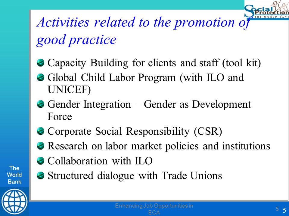 The World Bank 5 Enhancing Job Opportunities in ECA 5 Activities related to the promotion of good practice Capacity Building for clients and staff (tool kit) Global Child Labor Program (with ILO and UNICEF) Gender Integration – Gender as Development Force Corporate Social Responsibility (CSR) Research on labor market policies and institutions Collaboration with ILO Structured dialogue with Trade Unions