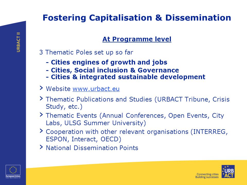 Fostering Capitalisation & Dissemination At Programme level 3 Thematic Poles set up so far - Cities engines of growth and jobs - Cities, Social inclusion & Governance - Cities & integrated sustainable development › Website   › Thematic Publications and Studies (URBACT Tribune, Crisis Study, etc.) › Thematic Events (Annual Conferences, Open Events, City Labs, ULSG Summer University) › Cooperation with other relevant organisations (INTERREG, ESPON, Interact, OECD) › National Dissemination Points