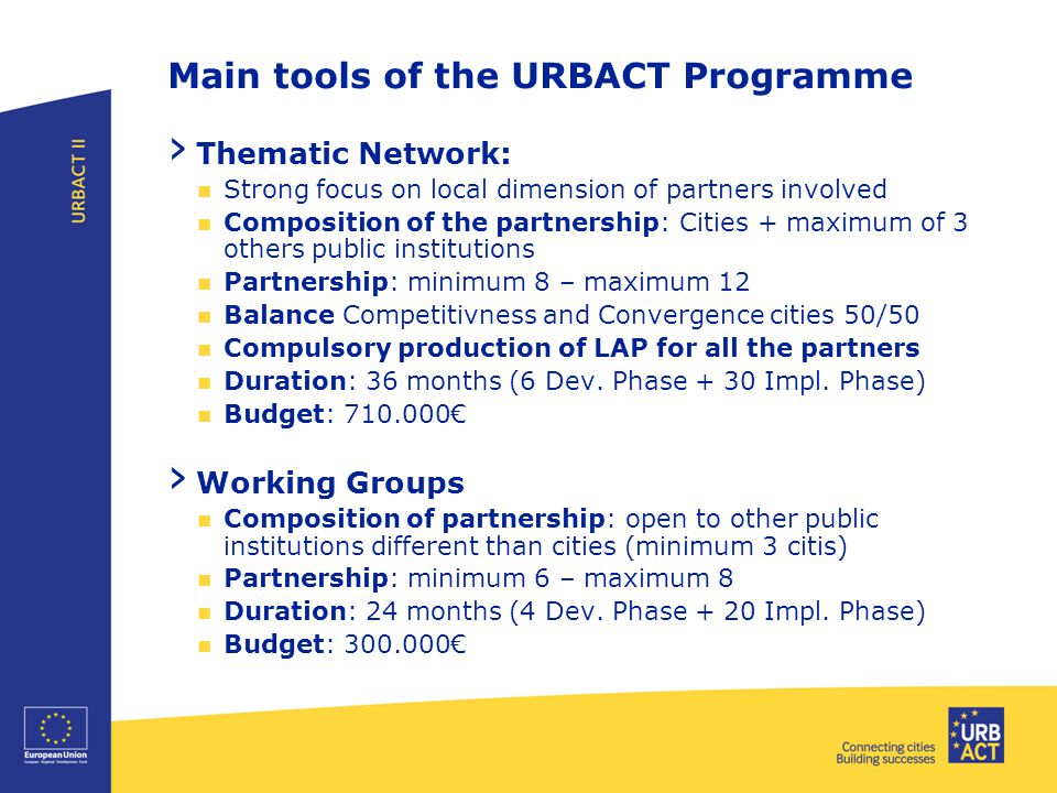 Main tools of the URBACT Programme › Thematic Network: Strong focus on local dimension of partners involved Composition of the partnership: Cities + maximum of 3 others public institutions Partnership: minimum 8 – maximum 12 Balance Competitivness and Convergence cities 50/50 Compulsory production of LAP for all the partners Duration: 36 months (6 Dev.