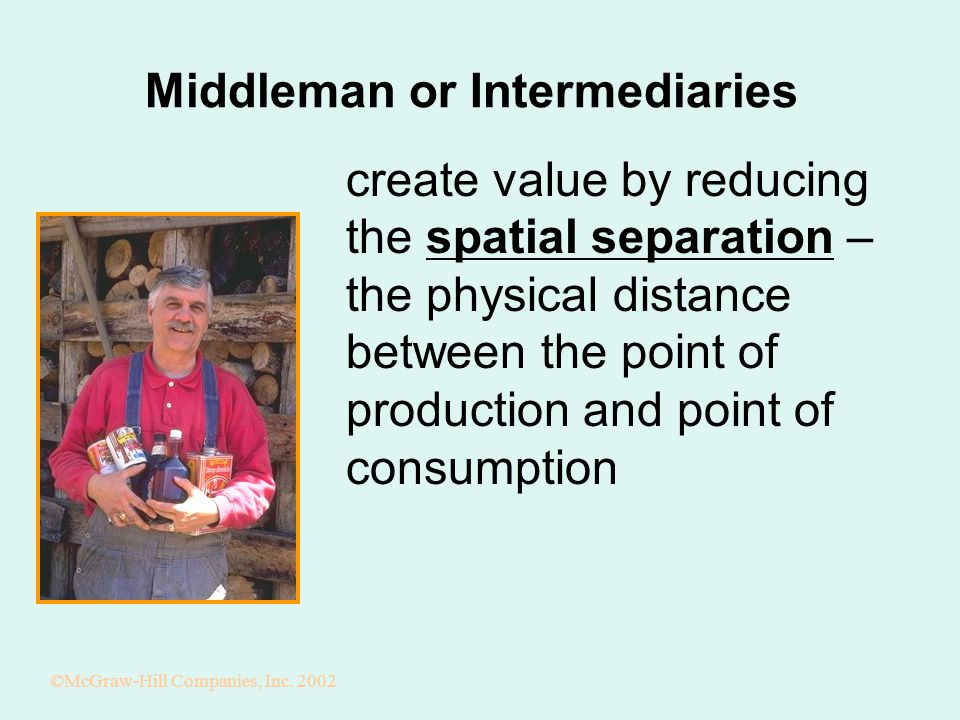 Middleman or Intermediaries create value by reducing the spatial separation – the physical distance between the point of production and point of consumption ©McGraw-Hill Companies, Inc.