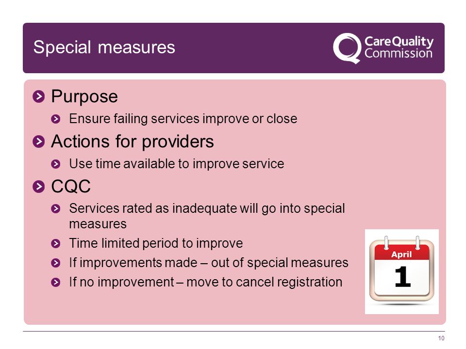 10 Special measures Purpose Ensure failing services improve or close Actions for providers Use time available to improve service CQC Services rated as inadequate will go into special measures Time limited period to improve If improvements made – out of special measures If no improvement – move to cancel registration