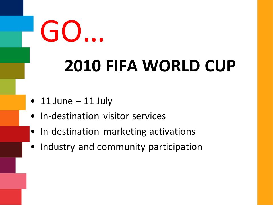 GO… 2010 FIFA WORLD CUP 11 June – 11 July In-destination visitor services In-destination marketing activations Industry and community participation