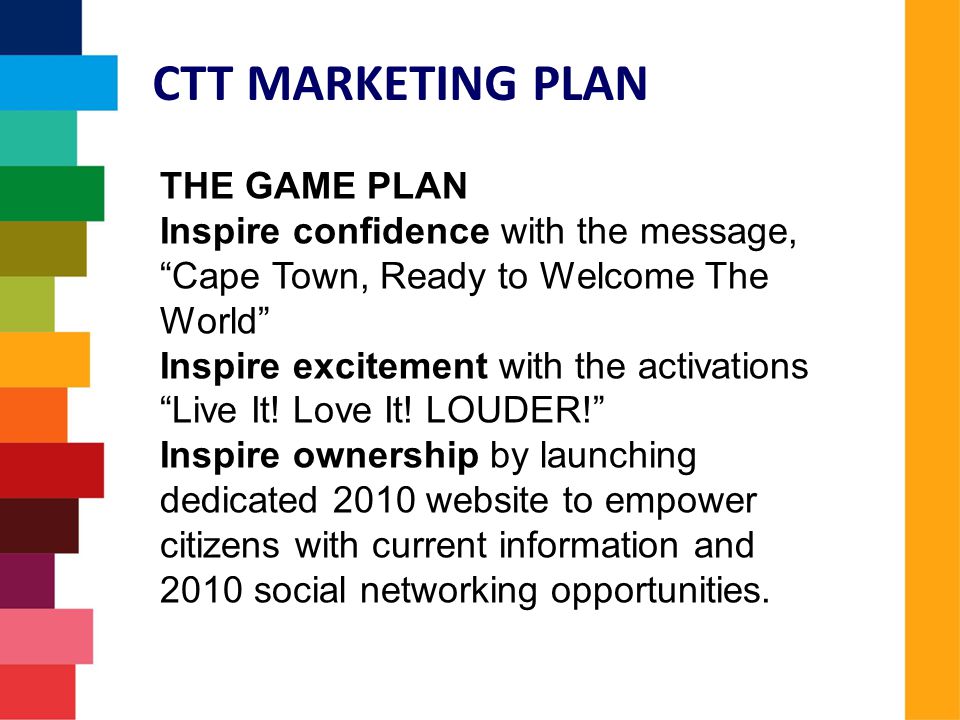 THE GAME PLAN Inspire confidence with the message, Cape Town, Ready to Welcome The World Inspire excitement with the activations Live It.