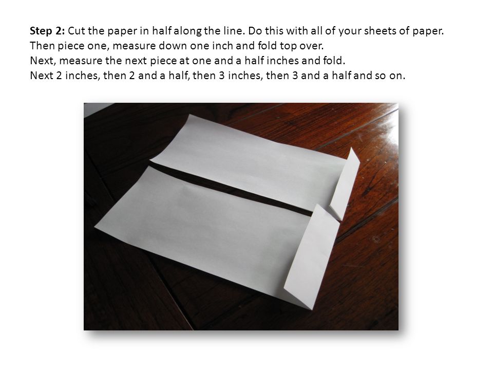 Step 2: Cut the paper in half along the line. Do this with all of your sheets of paper.