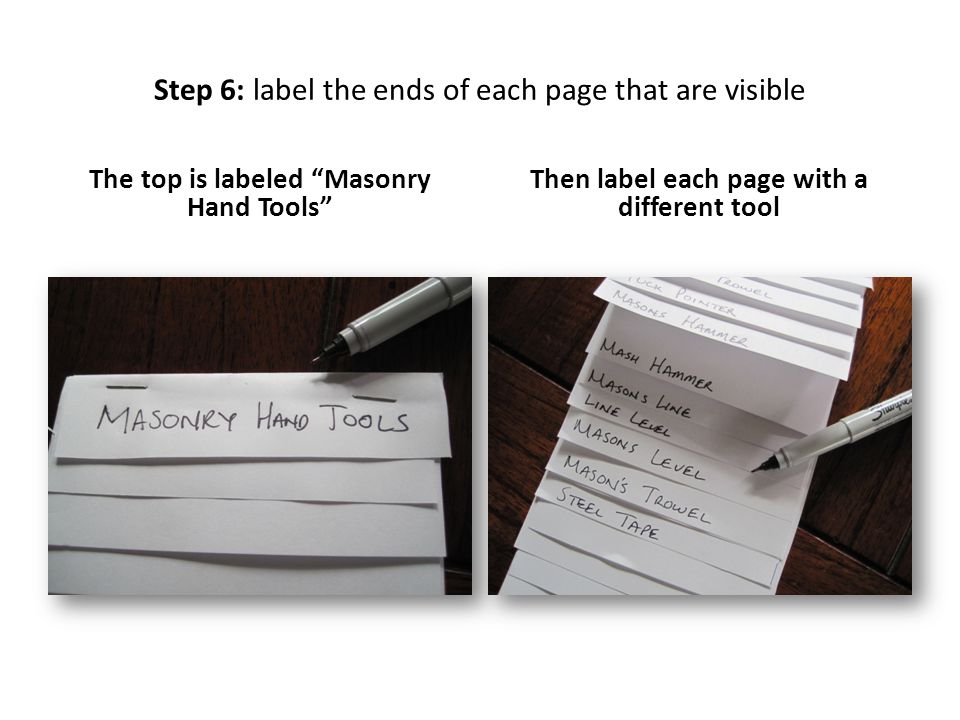 Step 6: label the ends of each page that are visible The top is labeled Masonry Hand Tools Then label each page with a different tool
