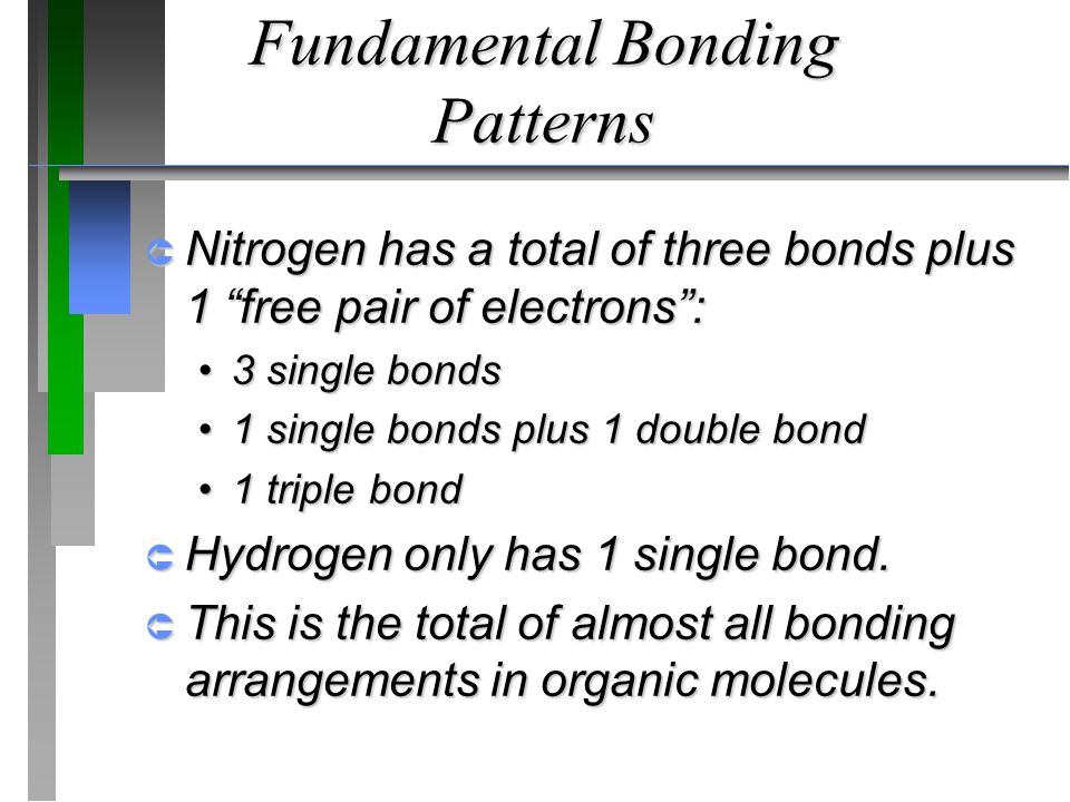 Fundamental Bonding Patterns  Nitrogen has a total of three bonds plus 1 free pair of electrons : 3 single bonds3 single bonds 1 single bonds plus 1 double bond1 single bonds plus 1 double bond 1 triple bond1 triple bond  Hydrogen only has 1 single bond.