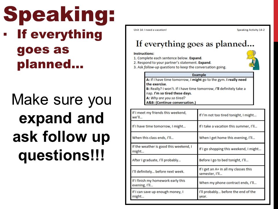 Speaking: ▪If everything goes as planned… Make sure you expand and ask follow up questions!!!