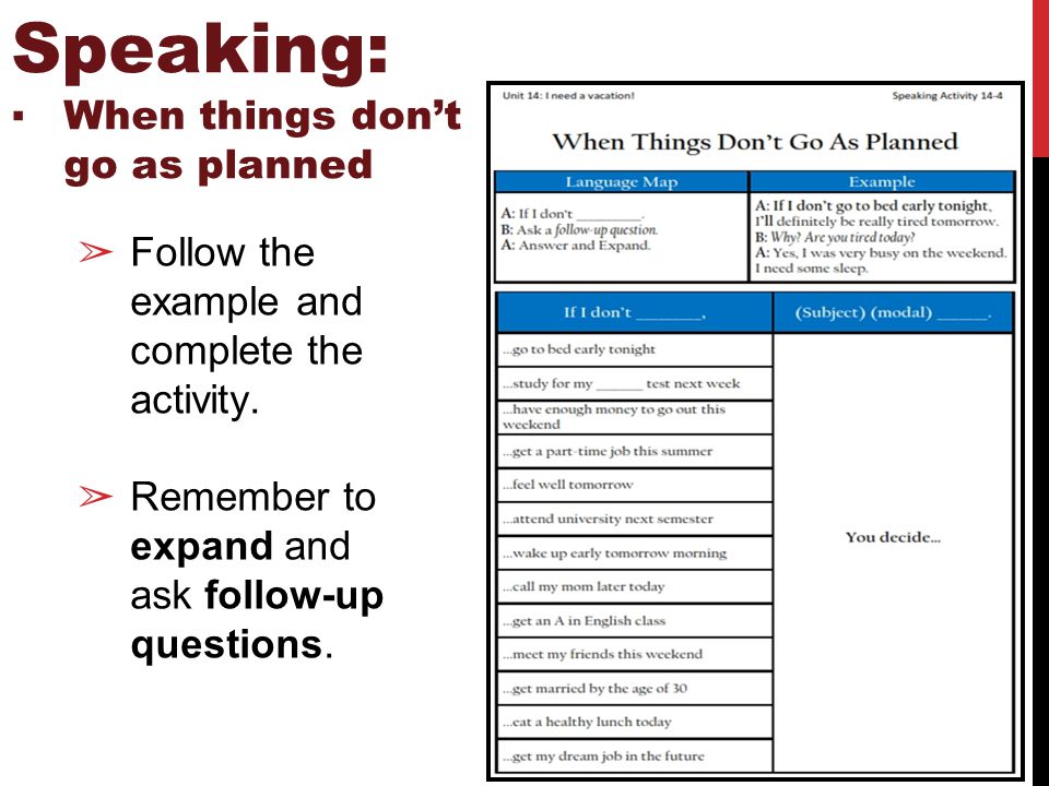 Speaking: ▪When things don’t go as planned ➢ Follow the example and complete the activity.