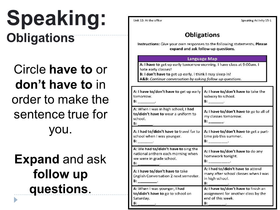 Speaking: Obligations Circle have to or don’t have to in order to make the sentence true for you.