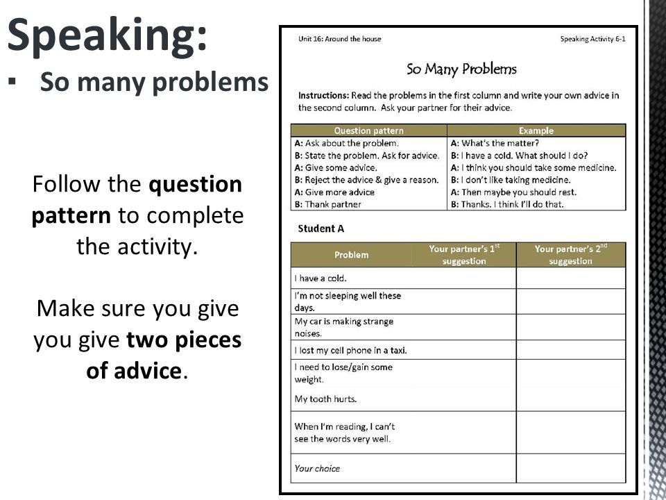Speaking: ▪So many problems Follow the question pattern to complete the activity.