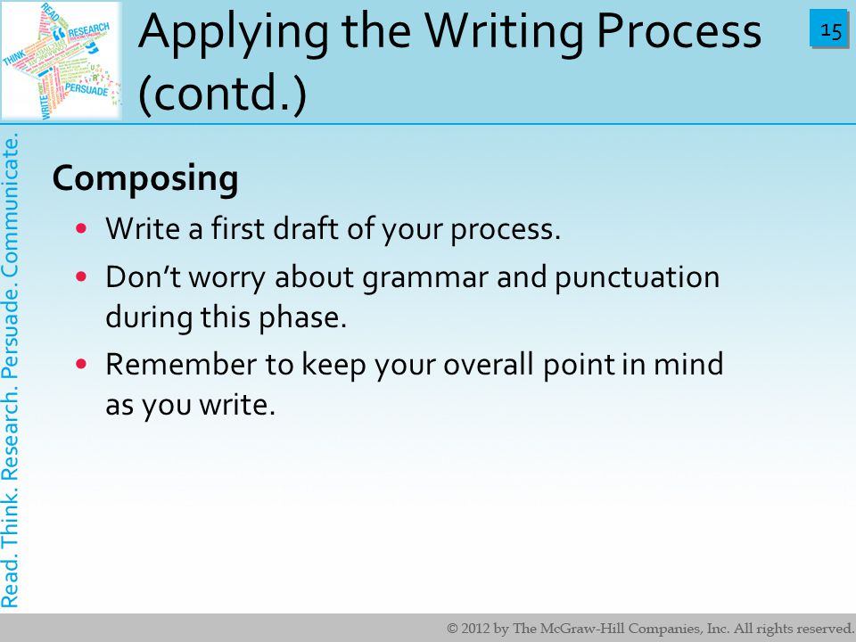 15 Applying the Writing Process (contd.) Composing Write a first draft of your process.
