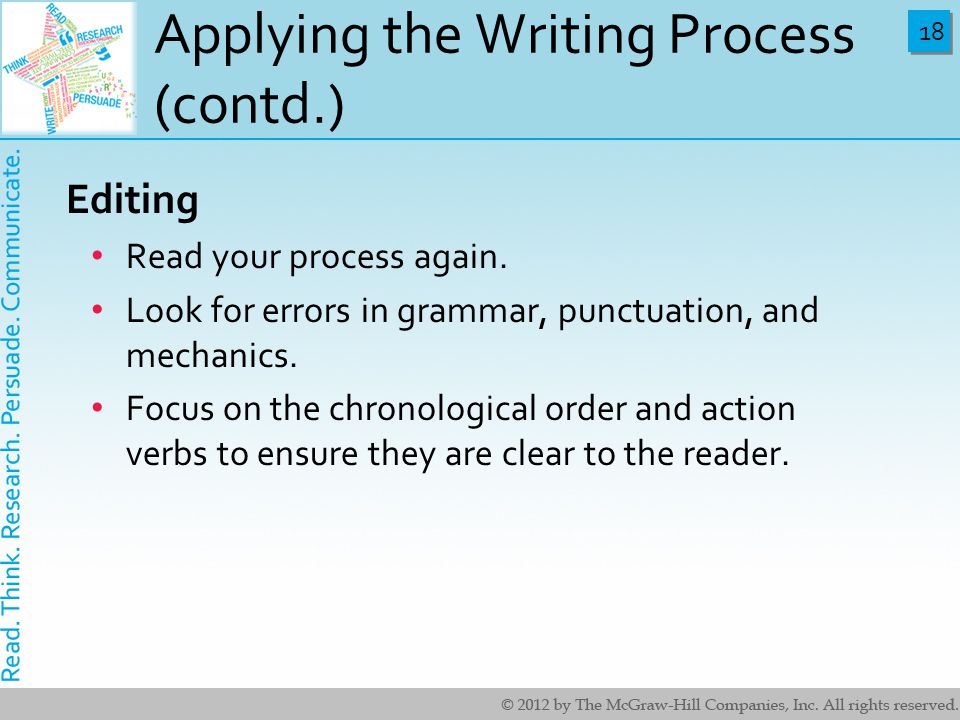 18 Applying the Writing Process (contd.) Editing Read your process again.