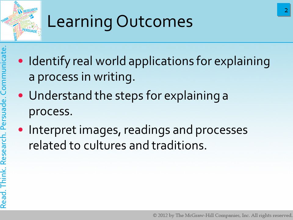 2 2 Learning Outcomes Identify real world applications for explaining a process in writing.