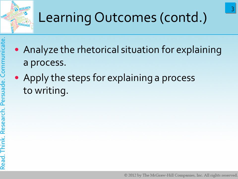 3 3 Learning Outcomes (contd.) Analyze the rhetorical situation for explaining a process.