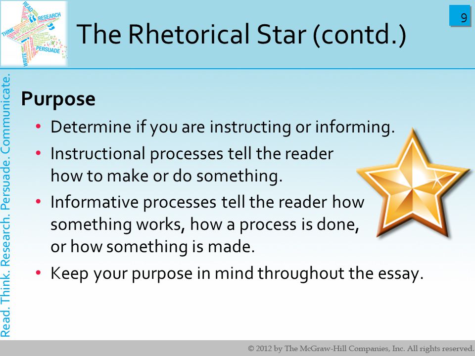 9 9 The Rhetorical Star (contd.) Purpose Determine if you are instructing or informing.