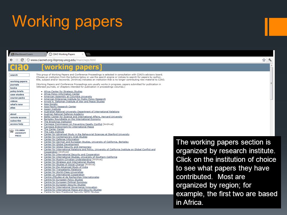 Working papers The working papers section is organized by research institute.