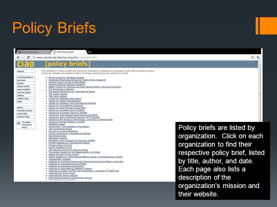Policy Briefs Policy briefs are listed by organization.