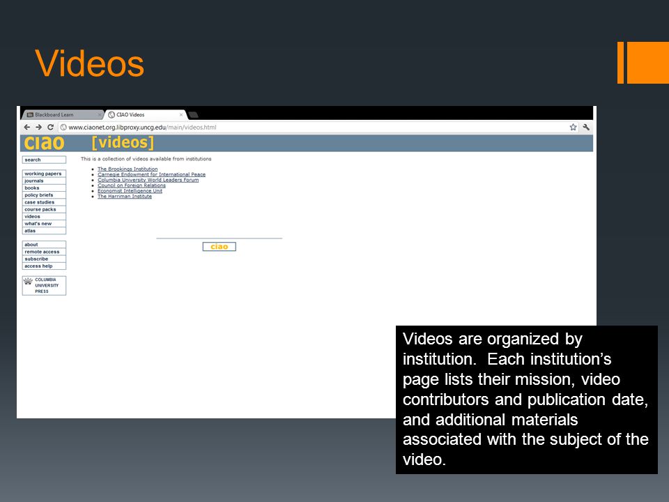 Videos Videos are organized by institution.