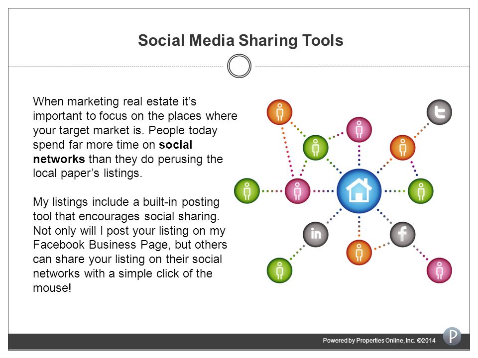 Social Media Sharing Tools When marketing real estate it’s important to focus on the places where your target market is.