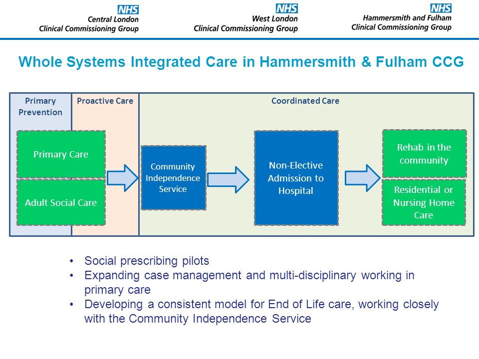 Whole Systems Integrated Care in Hammersmith & Fulham CCG Coordinated CareProactive CarePrimary Prevention Community Independence Service Primary Care Rehab in the community Residential or Nursing Home Care Adult Social Care Non-Elective Admission to Hospital Social prescribing pilots Expanding case management and multi-disciplinary working in primary care Developing a consistent model for End of Life care, working closely with the Community Independence Service