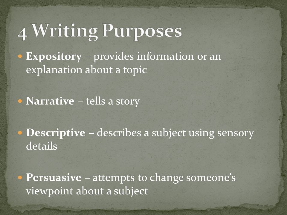 Expository – provides information or an explanation about a topic Narrative – tells a story Descriptive – describes a subject using sensory details Persuasive – attempts to change someone’s viewpoint about a subject