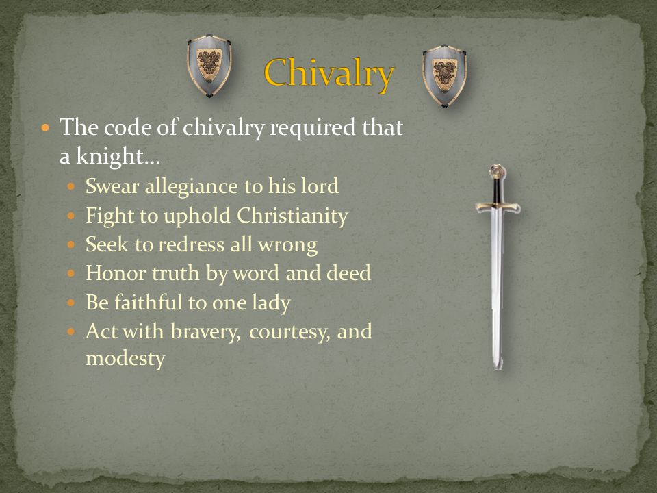 The code of chivalry required that a knight… Swear allegiance to his lord Fight to uphold Christianity Seek to redress all wrong Honor truth by word and deed Be faithful to one lady Act with bravery, courtesy, and modesty