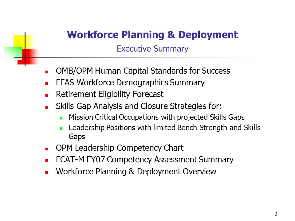 2 Workforce Planning & Deployment Executive Summary OMB/OPM Human Capital Standards for Success FFAS Workforce Demographics Summary Retirement Eligibility Forecast Skills Gap Analysis and Closure Strategies for: Mission Critical Occupations with projected Skills Gaps Leadership Positions with limited Bench Strength and Skills Gaps OPM Leadership Competency Chart FCAT-M FY07 Competency Assessment Summary Workforce Planning & Deployment Overview
