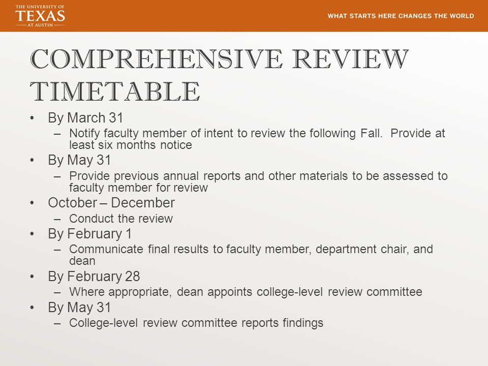 COMPREHENSIVE REVIEW TIMETABLE By March 31 –Notify faculty member of intent to review the following Fall.