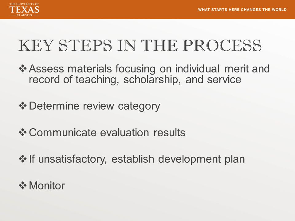 KEY STEPS IN THE PROCESS  Assess materials focusing on individual merit and record of teaching, scholarship, and service  Determine review category  Communicate evaluation results  If unsatisfactory, establish development plan  Monitor