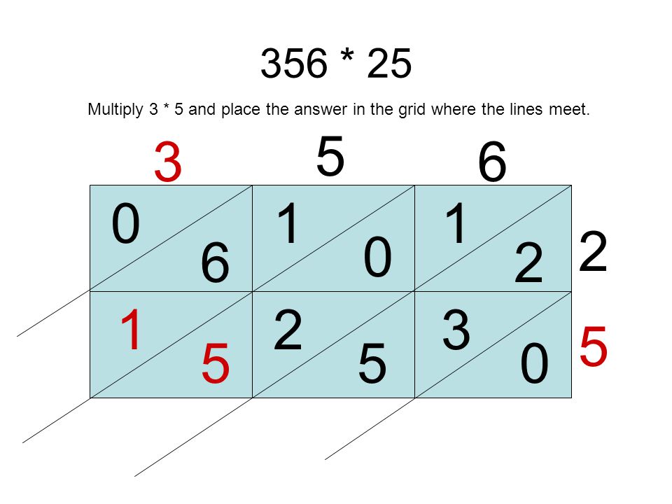 356 * Multiply 5 * 5 and place the answer in the grid where the lines meet.