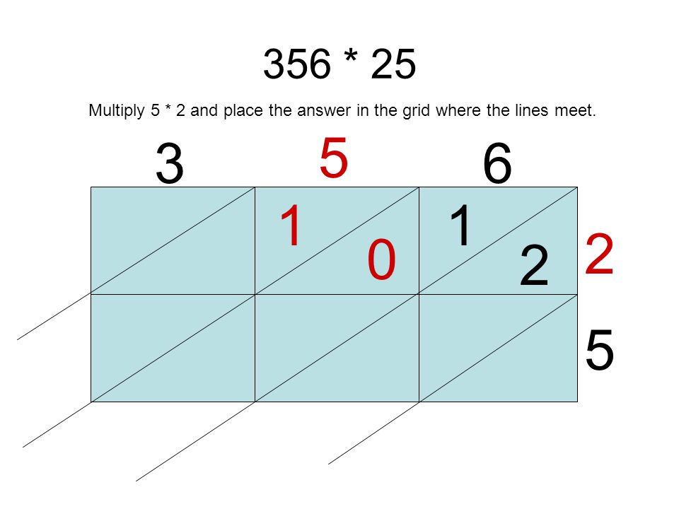 356 * Multiply 6 * 2 and place the answer in the grid where the lines meet.