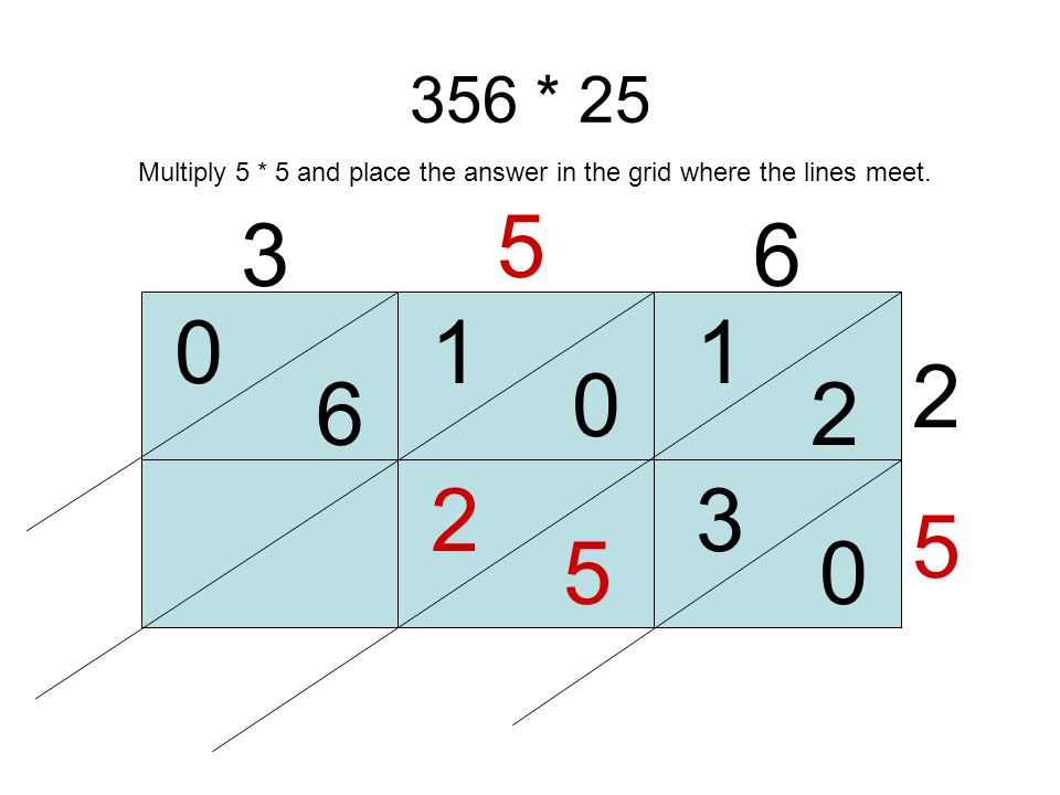356 * Multiply 6 * 5 and place the answer in the grid where the lines meet.