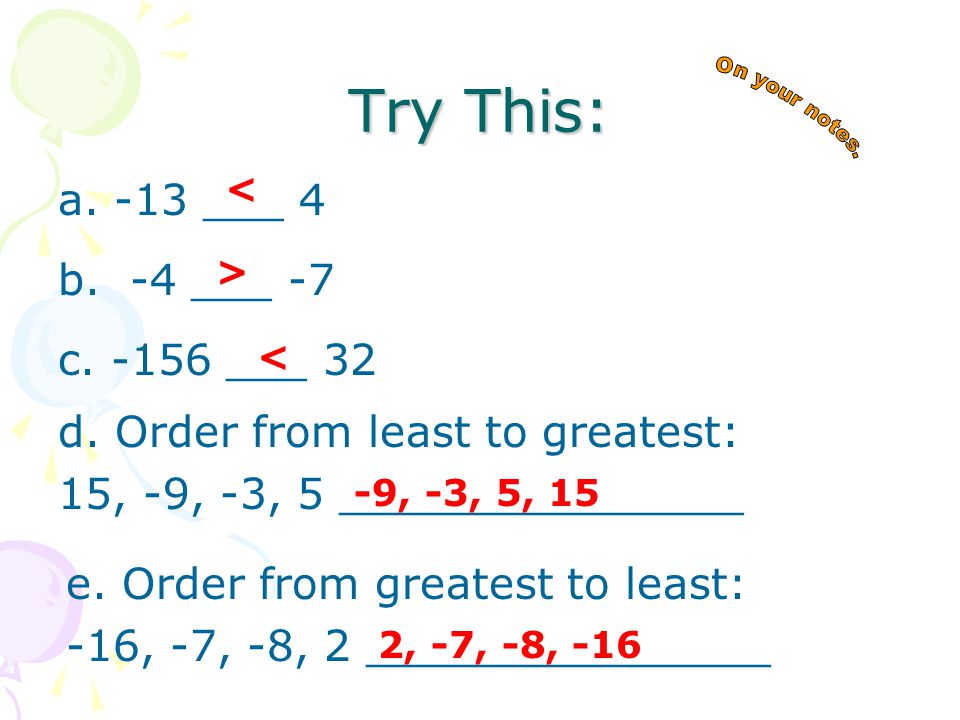 Ordering Integers When ordering integers from greatest to least follow the order on the number line from right to left.