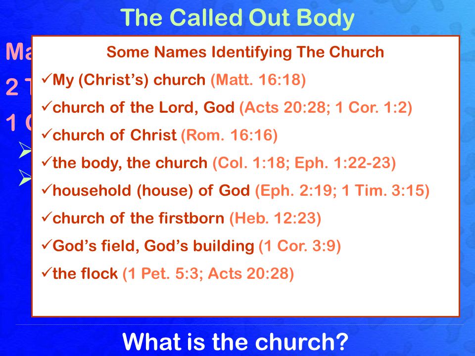What is the church. The Called Out Body Matt. 16:18 Christ’s church 2 Th.