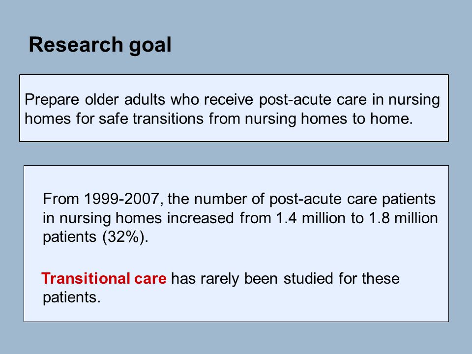 Research goal From , the number of post-acute care patients in nursing homes increased from 1.4 million to 1.8 million patients (32%).