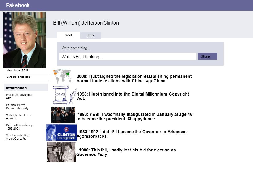 Fakebook Bill (William) Jefferson Clinton View photos of Bill Send Bill a message Wall Info What’s Bill Thinking…..