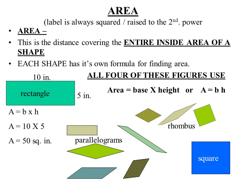 AREA (label is always squared / raised to the 2 nd.
