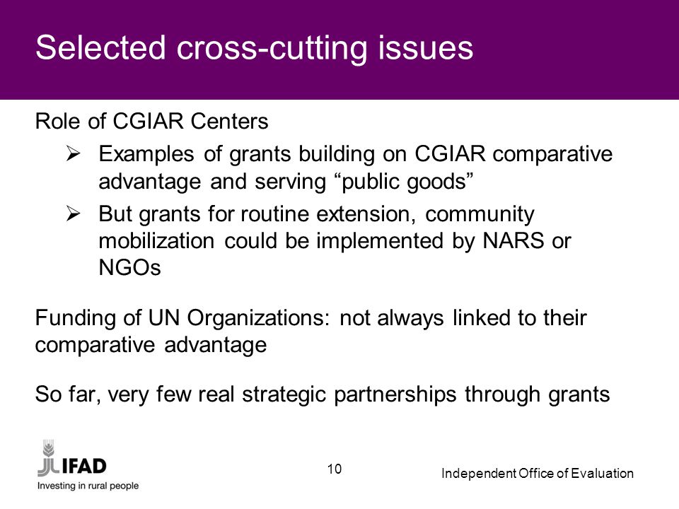 Independent Office of Evaluation 10 Selected cross-cutting issues Role of CGIAR Centers  Examples of grants building on CGIAR comparative advantage and serving public goods  But grants for routine extension, community mobilization could be implemented by NARS or NGOs Funding of UN Organizations: not always linked to their comparative advantage So far, very few real strategic partnerships through grants