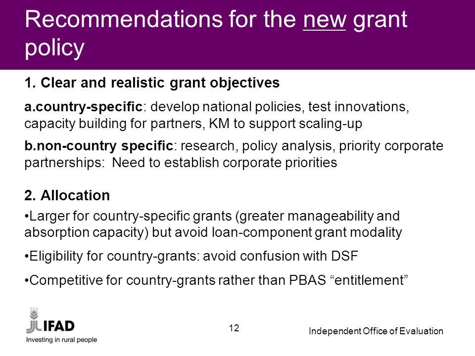 Independent Office of Evaluation 12 Recommendations for the new grant policy 1.