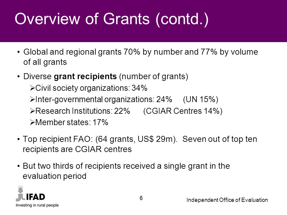 Independent Office of Evaluation 6 Overview of Grants (contd.) Global and regional grants 70% by number and 77% by volume of all grants Diverse grant recipients (number of grants)  Civil society organizations: 34%  Inter-governmental organizations: 24% (UN 15%)  Research Institutions: 22% (CGIAR Centres 14%)  Member states: 17% Top recipient FAO: (64 grants, US$ 29m).