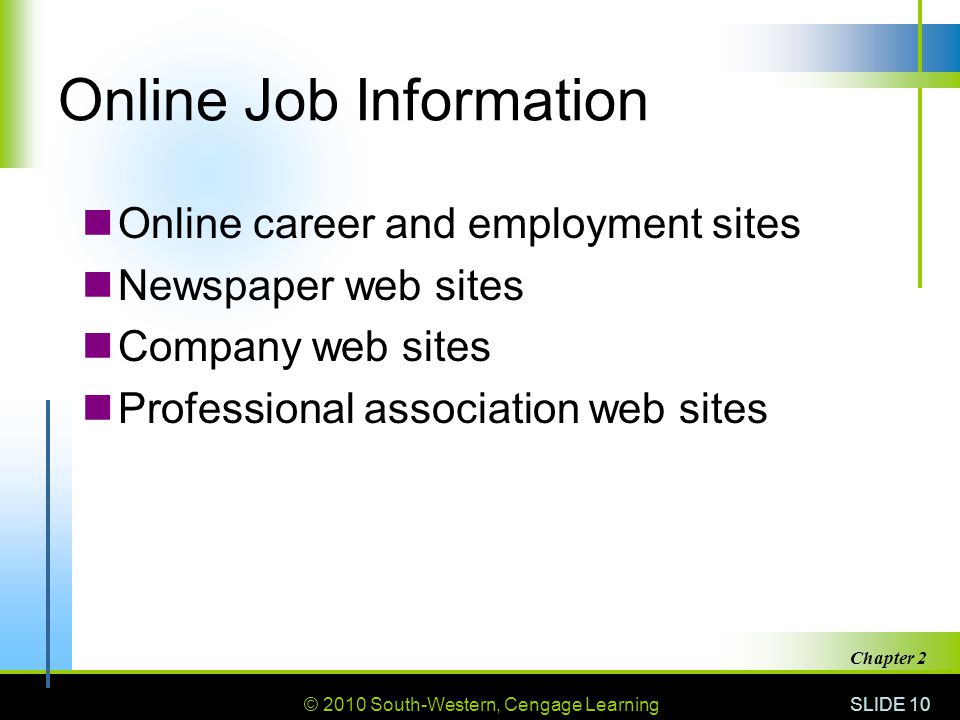 © 2010 South-Western, Cengage Learning SLIDE 10 Chapter 2 Online Job Information Online career and employment sites Newspaper web sites Company web sites Professional association web sites