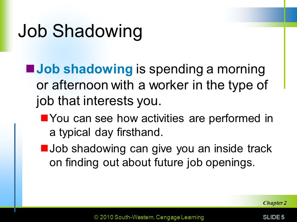© 2010 South-Western, Cengage Learning SLIDE 5 Chapter 2 Job Shadowing Job shadowing is spending a morning or afternoon with a worker in the type of job that interests you.