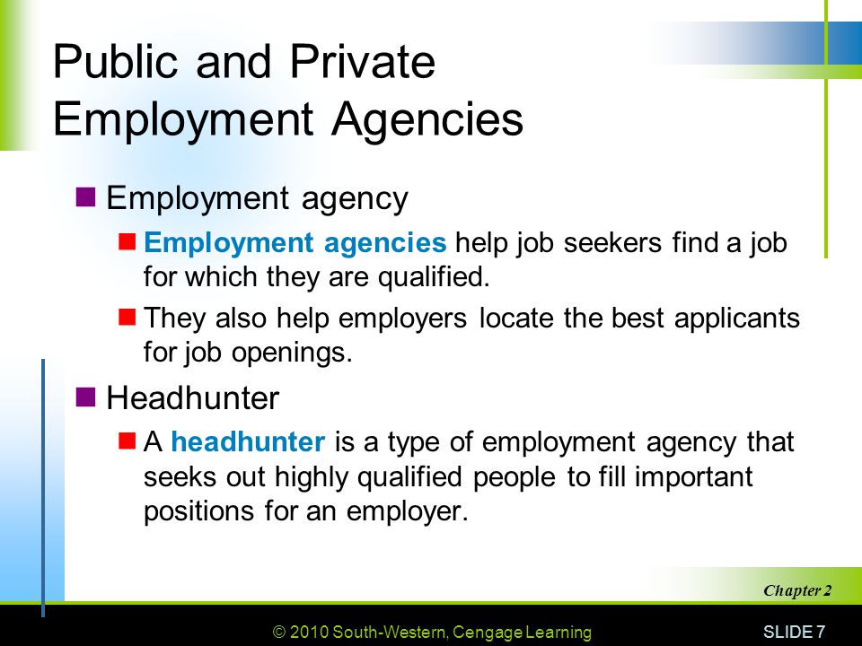 © 2010 South-Western, Cengage Learning SLIDE 7 Chapter 2 Public and Private Employment Agencies Employment agency Employment agencies help job seekers find a job for which they are qualified.