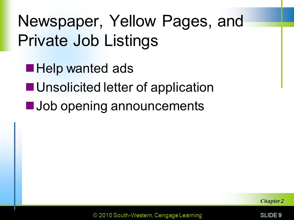 © 2010 South-Western, Cengage Learning SLIDE 9 Chapter 2 Newspaper, Yellow Pages, and Private Job Listings Help wanted ads Unsolicited letter of application Job opening announcements