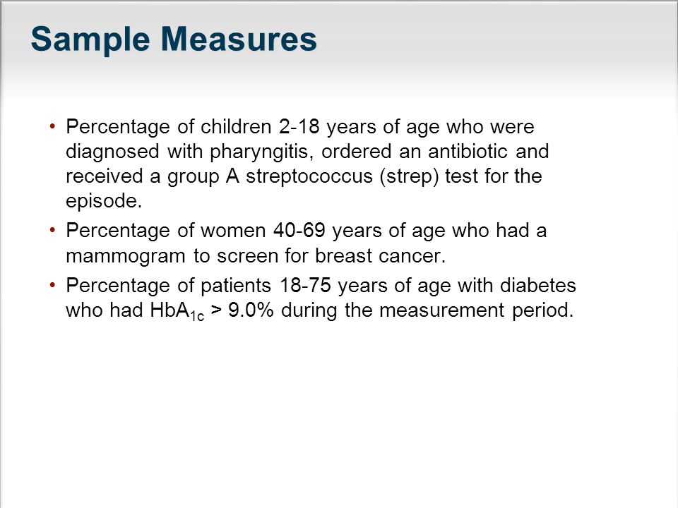 Sample Measures Percentage of children 2-18 years of age who were diagnosed with pharyngitis, ordered an antibiotic and received a group A streptococcus (strep) test for the episode.