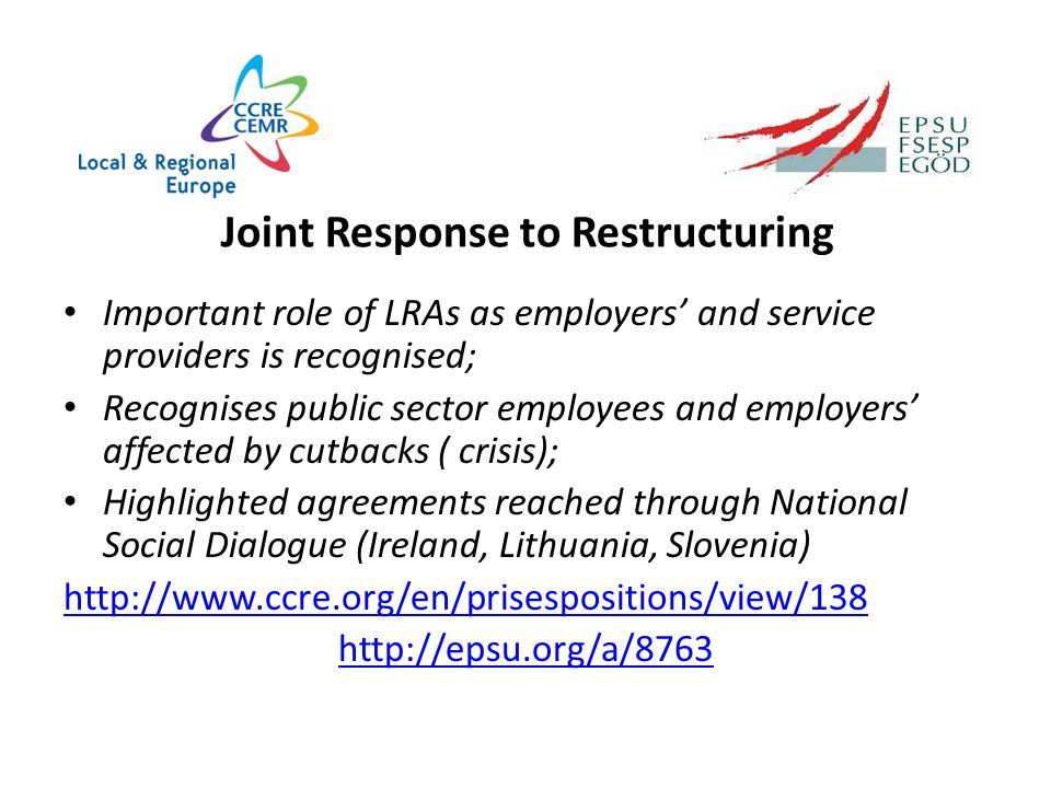 Joint Response on Restructuring; Joint Statements on the crisis; Framework of Action 2013 Outcomes of our Committee work