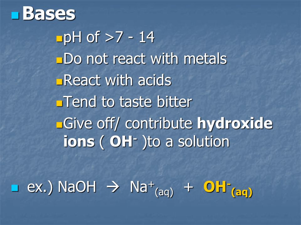 Bases Bases pH of > pH of > Do not react with metals Do not react with metals React with acids React with acids Tend to taste bitter Tend to taste bitter Give off/ contribute hydroxide ions ( OH - )to a solution Give off/ contribute hydroxide ions ( OH - )to a solution ex.) NaOH  Na + (aq) + OH - (aq) ex.) NaOH  Na + (aq) + OH - (aq)