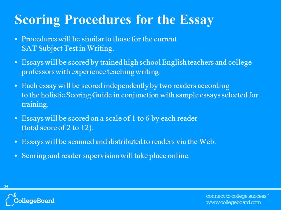 34 Scoring Procedures for the Essay Procedures will be similar to those for the current SAT Subject Test in Writing.