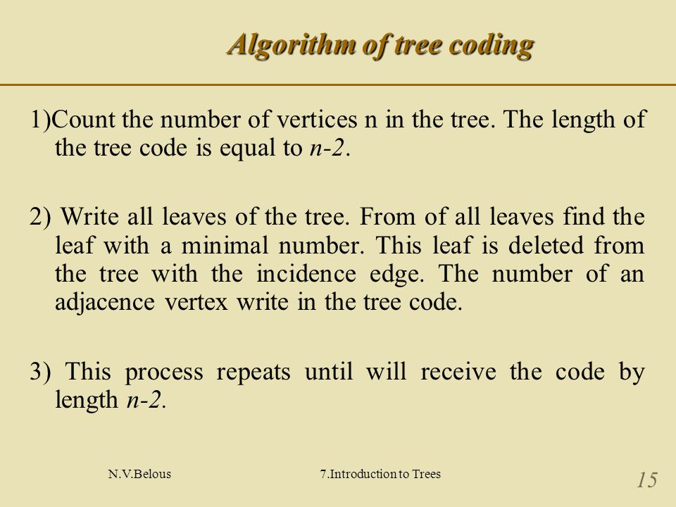 N.V.Belous7.Introduction to Trees 15 Algorithm of tree coding 1)Count the number of vertices n in the tree.